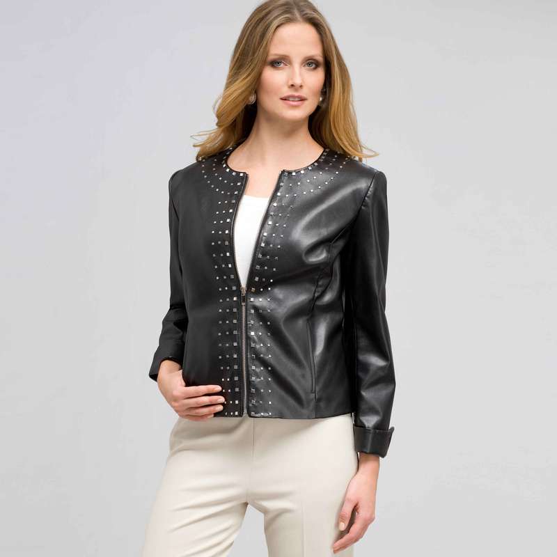 Giacca in pelle con inserti borchiati, Nero, large