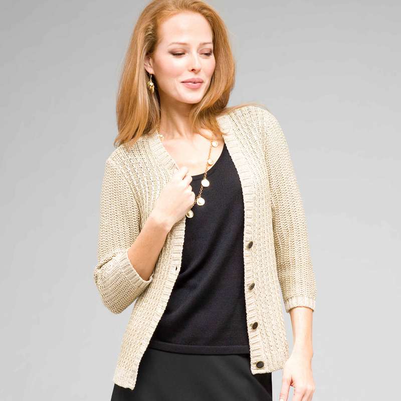 3/4 Sleeve V-Neck Cardigan, Ivory/Gold, large