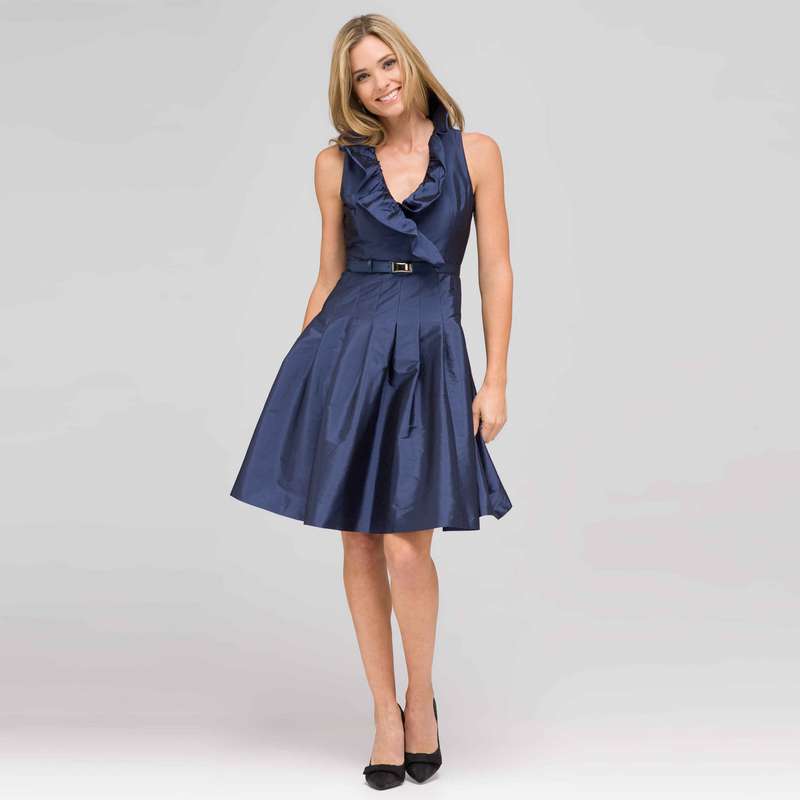 Ruffle Front A-Line Dress, Navy, large