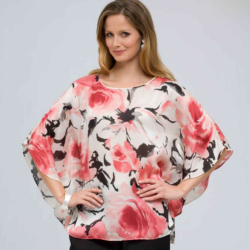 Camicetta poncho con stampa floreale, combinazione di rosa dei prati, large